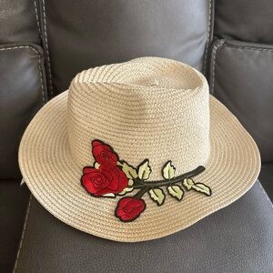 NWOT Beige Straw Hat with Red Rose Embroidery